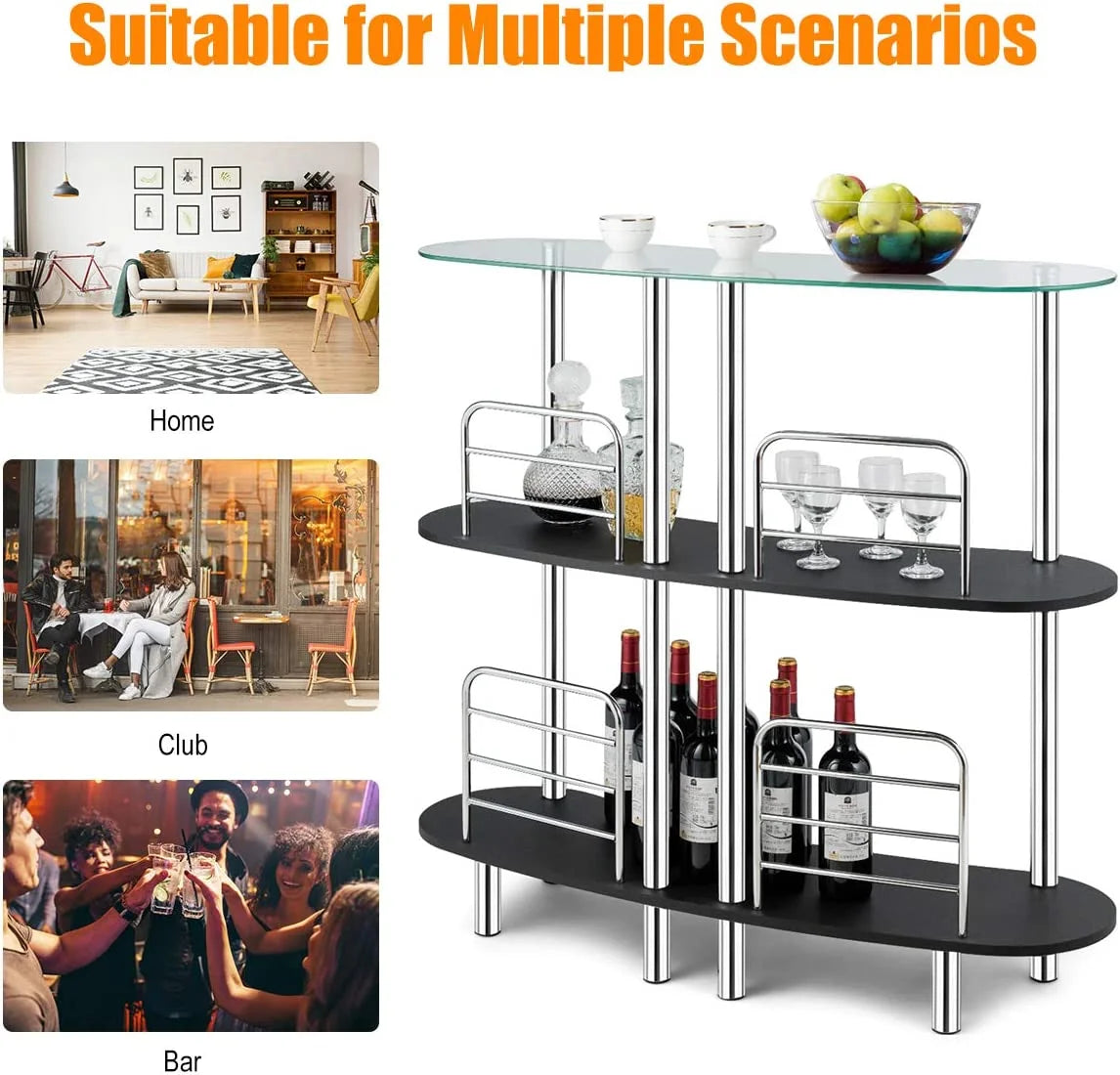 3-Tier Glass Liquor Bar Cabinet with Tempered Glass Counter Top Z474