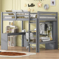 Grey Wood Full Size Loft Bed Frame with Desk, Wardrobe and Shelves B316