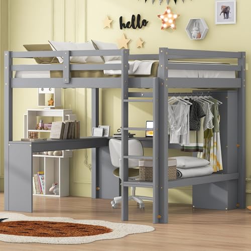 Grey Wood Full Size Loft Bed Frame with Desk, Wardrobe and Shelves B316