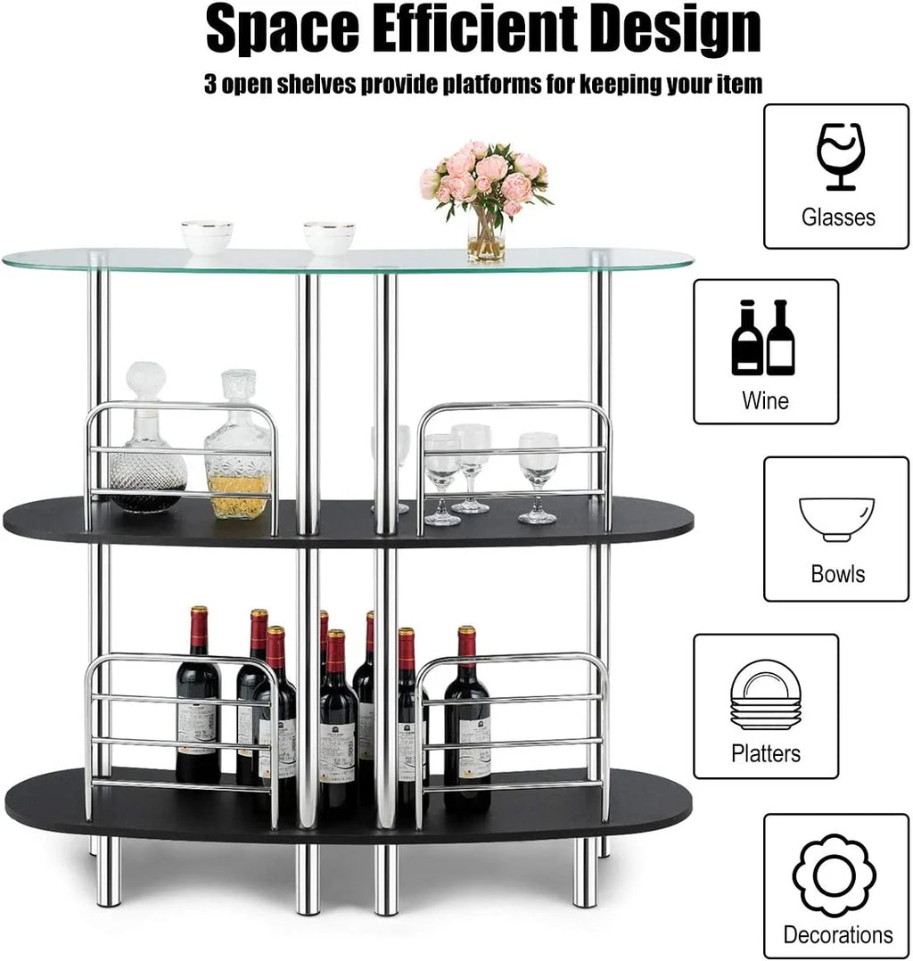 3-Tier Glass Liquor Bar Cabinet with Tempered Glass Counter Top Z474