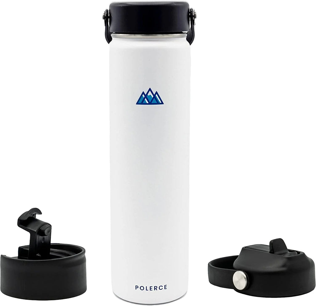 24 Oz White Stainless Steel Vacuum Insulated Bottle with 3 Lids N236
