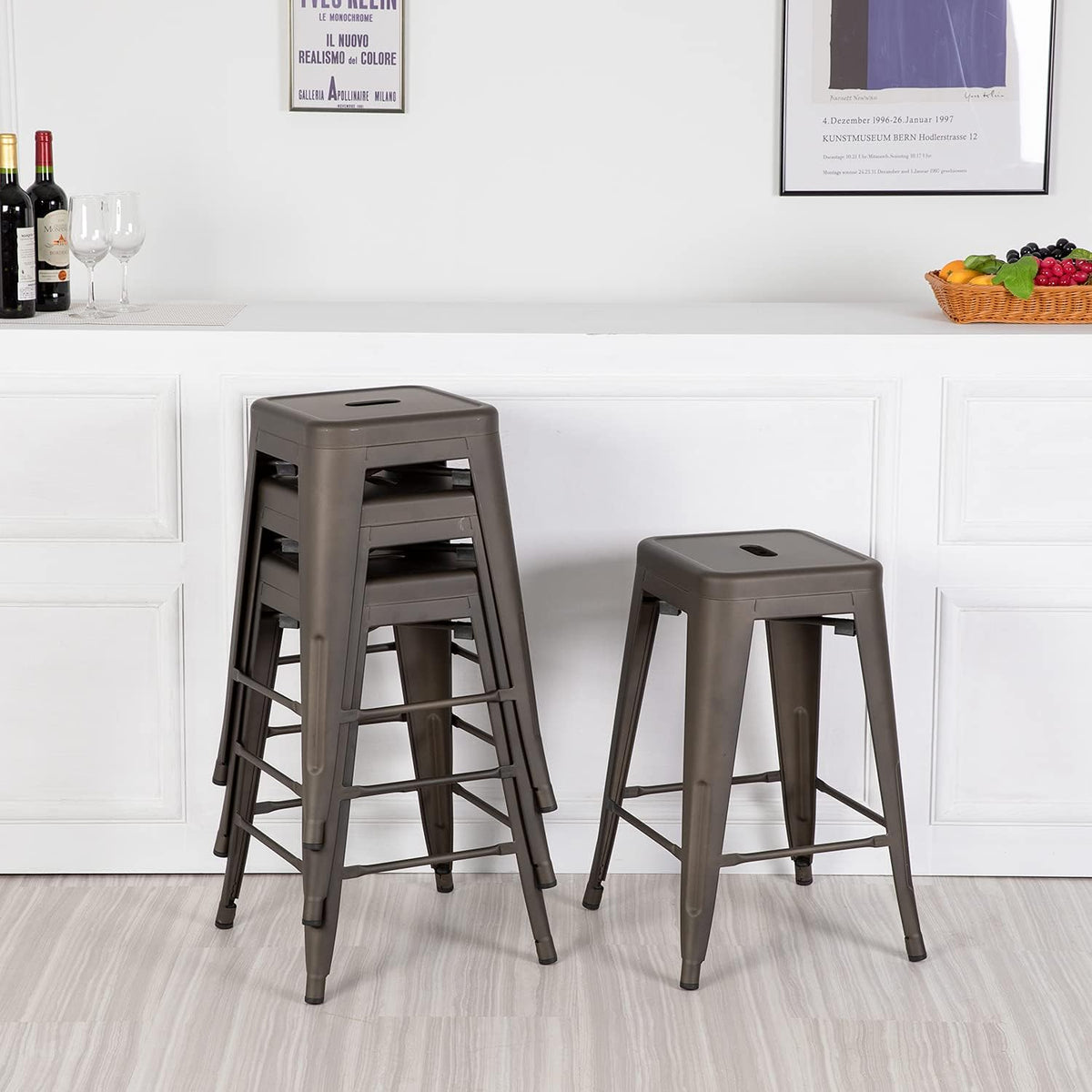 Set of 4 Backless Stackable Metal Bar Stools 24 Inches L4776