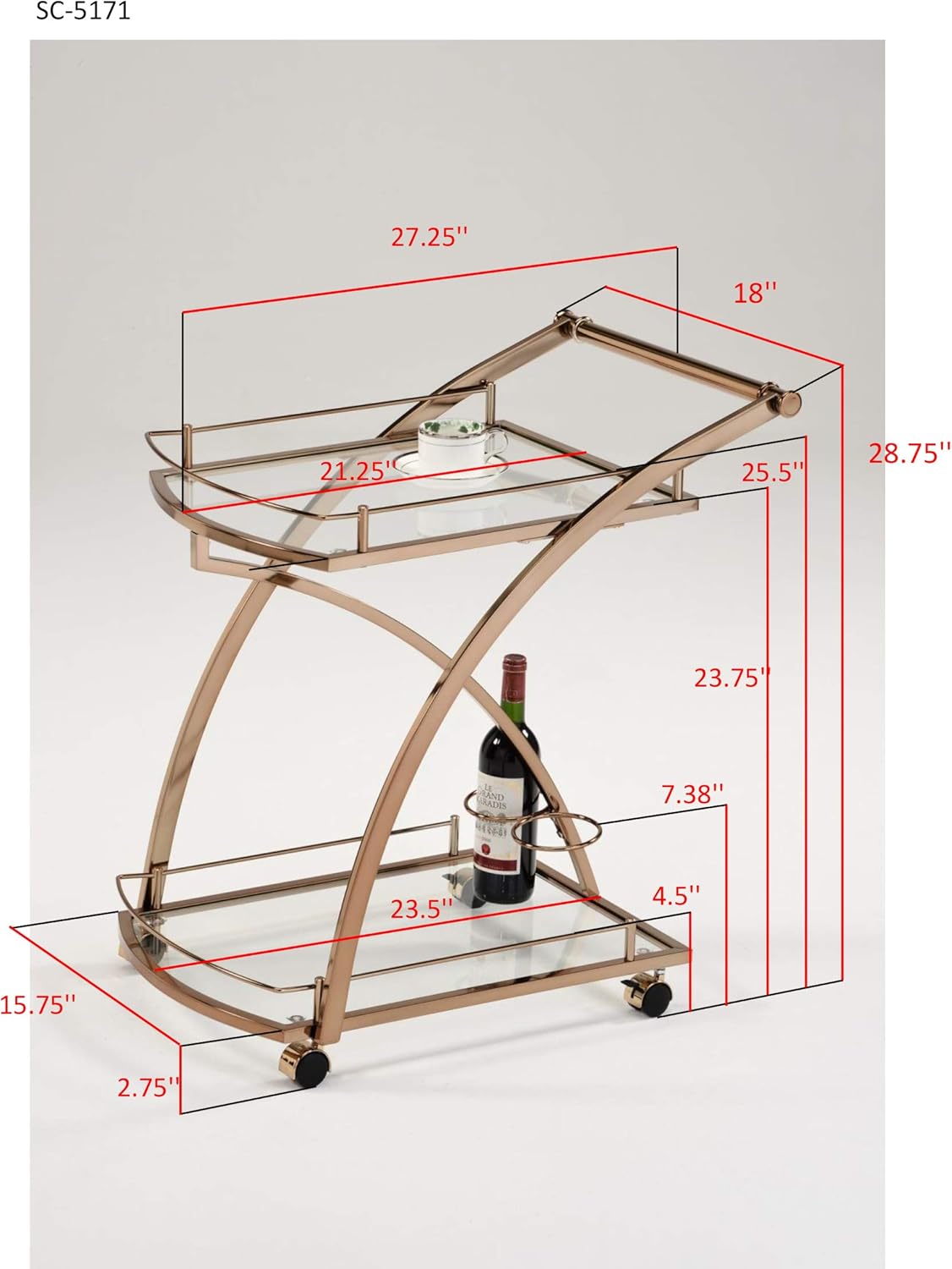 Gold Metal Glass Rolling Kitchen Serving Cart L878593