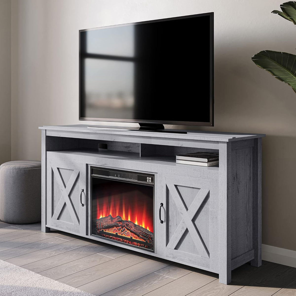 Wood Electric Fireplace TV Stand with Shelves and Cabinets B50601