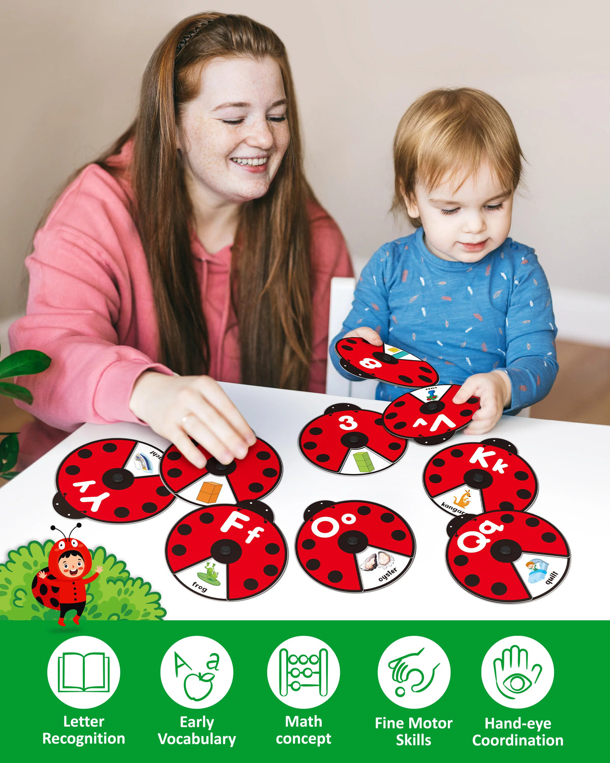 Interactive Alphabet Learning Toy, ABC Number Letters Spinning Game, Sight Words Animal Pattern Ladybug Cards, Montessori Educational Toy for 3 4 5 Year Old Baby Toddlers M231700