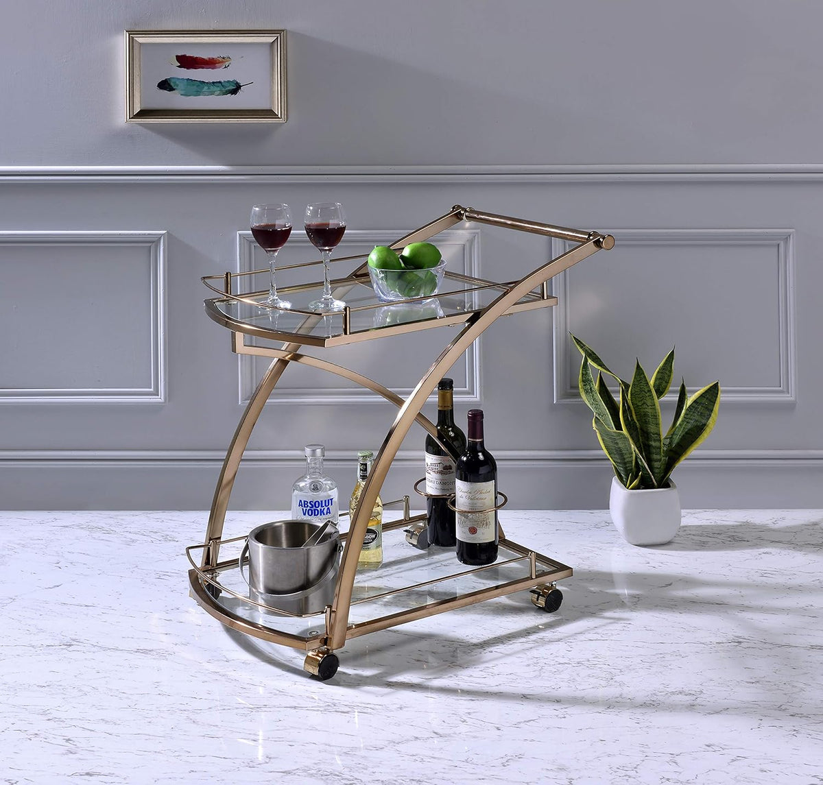 Gold Metal Glass Rolling Kitchen Serving Cart L878593