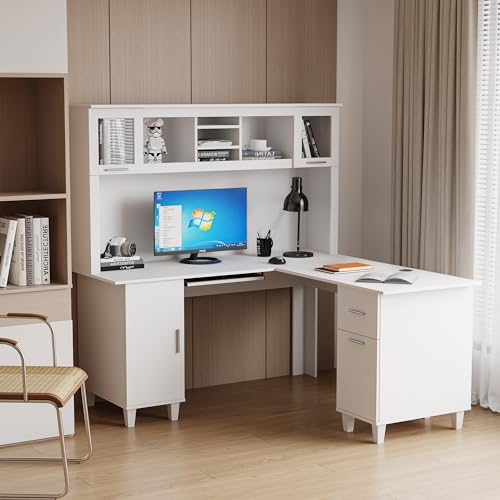 White Corner Desk with Drawers and Shelves G500175