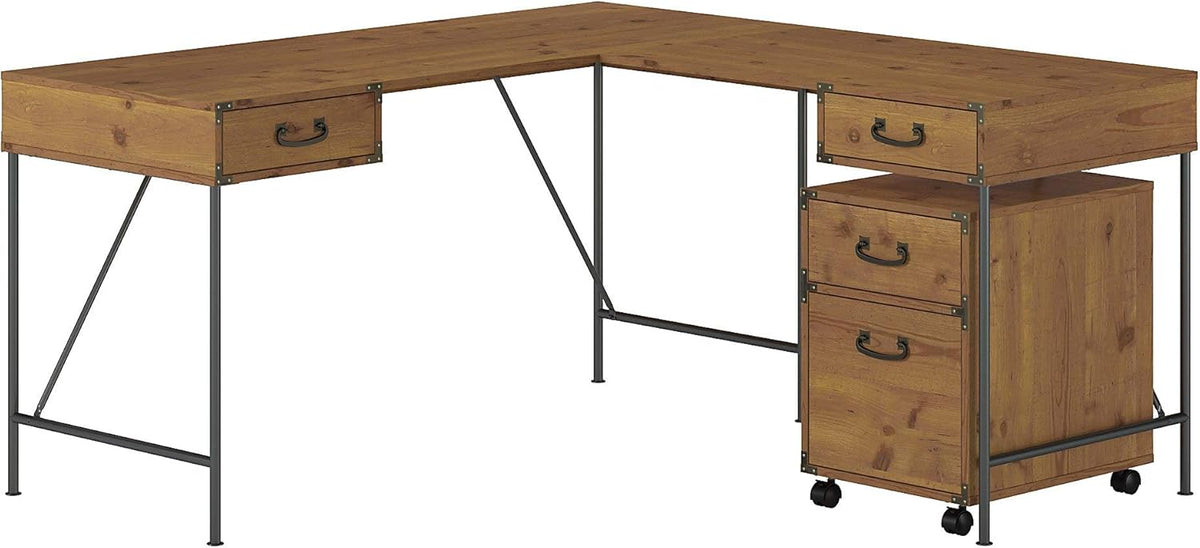 Vintage Golden Pine Writing Desk with 2 Drawer File Cabinet E63667