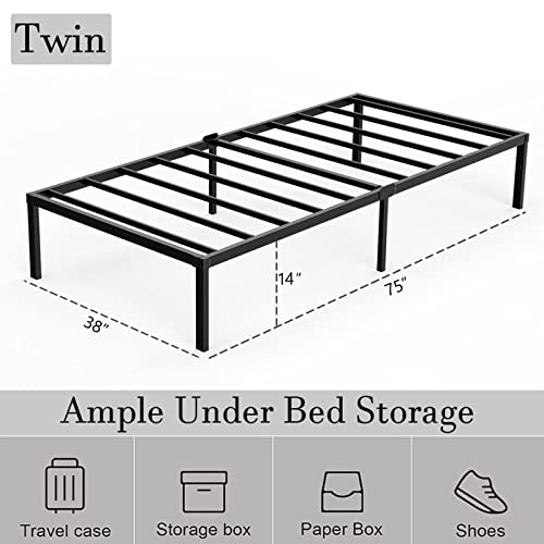 Twin Size Heavy Duty Metal Platform Bed Frame with Storage Space, 14 Inches H469