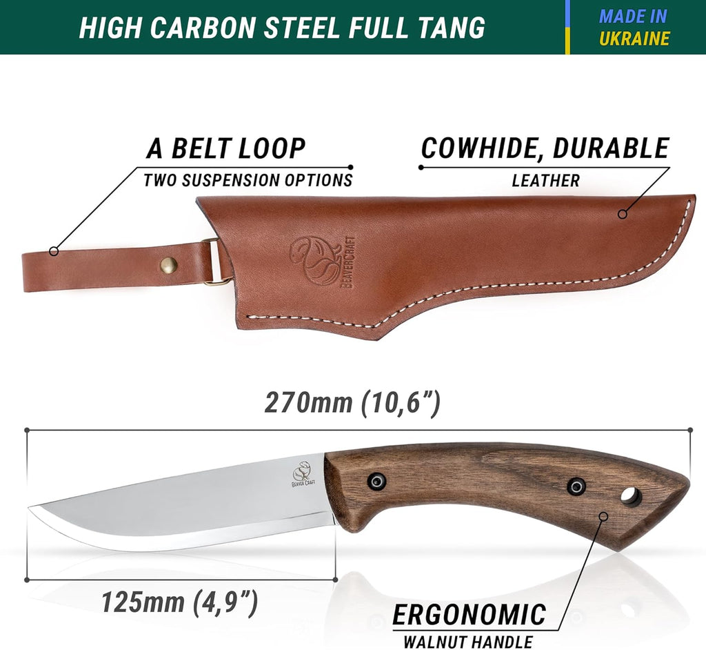 Bushcraft Knife Fixed Blade with Leather Sheath Full Tang Carbon Steel K7576