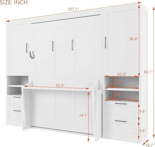 Full White Wood Murphy Bed with Desk and Storage L62664