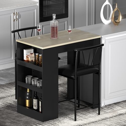 Gray Small Bar Table and Chairs Dining Set for 2 with Storage Shelves N206285