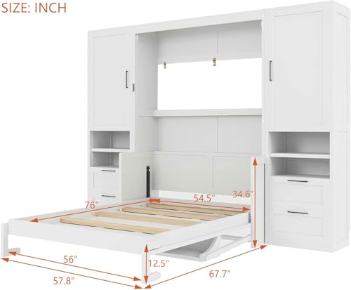 Full White Wood Murphy Bed with Desk and Storage L62664