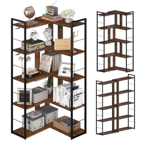 5 Tier Corner Bookshelf with 2 Hooks Adjustable Shelves Rustic Brown Z702979