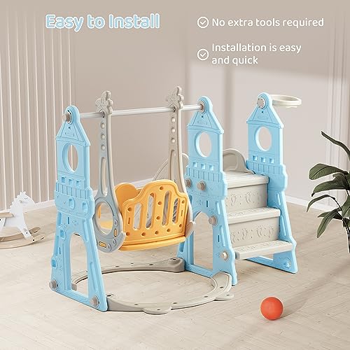 Blue & Yellow 4-in-1 Toddler Slide and Swing Set with Extra Large Playground, Basketball Hoop & Climber V51045