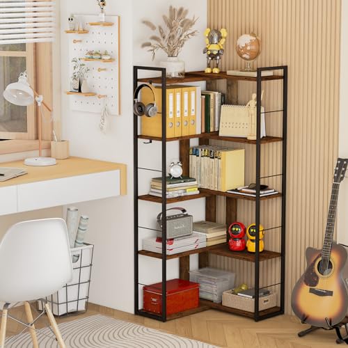 5 Tier Corner Bookshelf with 2 Hooks Adjustable Shelves Rustic Brown Z702979