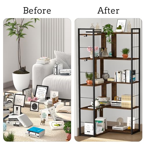 5 Tier Corner Bookshelf with 2 Hooks Adjustable Shelves Rustic Brown Z702979