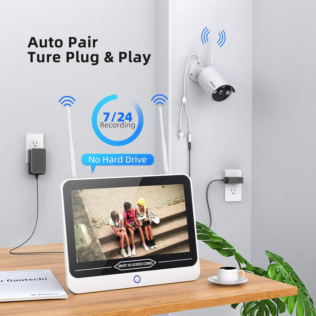 Wireless Security Camera System with 12” Monitor, 8 Channel 4pcs 1080P Indoor Outdoor IP Cameras, Night Vision N274966