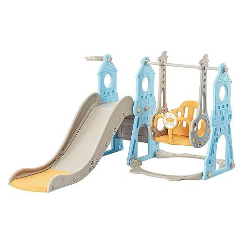 Blue & Yellow 4-in-1 Toddler Slide and Swing Set with Extra Large Playground, Basketball Hoop & Climber V51045