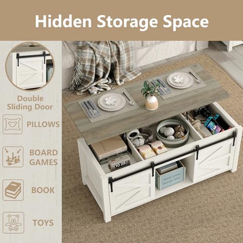 47.3'' White Rustic Brown Rectangular Lift Top Coffee Table with Storage D666