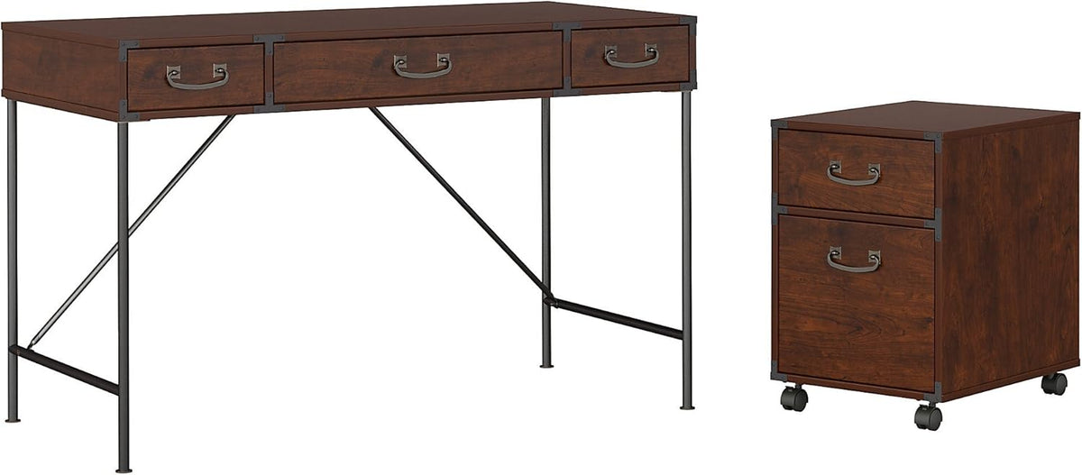 Vintage Golden Pine Writing Desk with 2 Drawer File Cabinet E63667