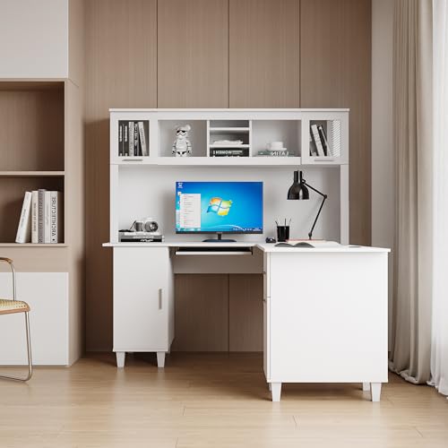 White Corner Desk with Drawers and Shelves G500175