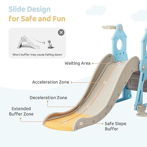 Blue & Yellow 4-in-1 Toddler Slide and Swing Set with Extra Large Playground, Basketball Hoop & Climber V51045