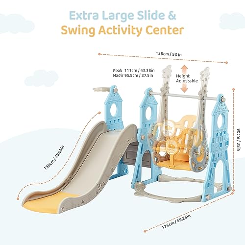Blue & Yellow 4-in-1 Toddler Slide and Swing Set with Extra Large Playground, Basketball Hoop & Climber V51045
