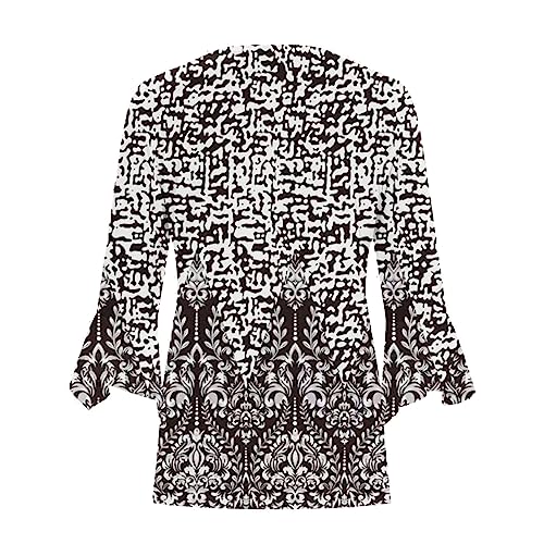 3/4 Sleeve Bell V Neck Graphic T Shirts Button Pleated Tops Floral Blouse O5618