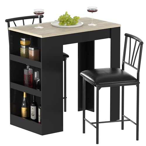 Gray Small Bar Table and Chairs Dining Set for 2 with Storage Shelves N206285