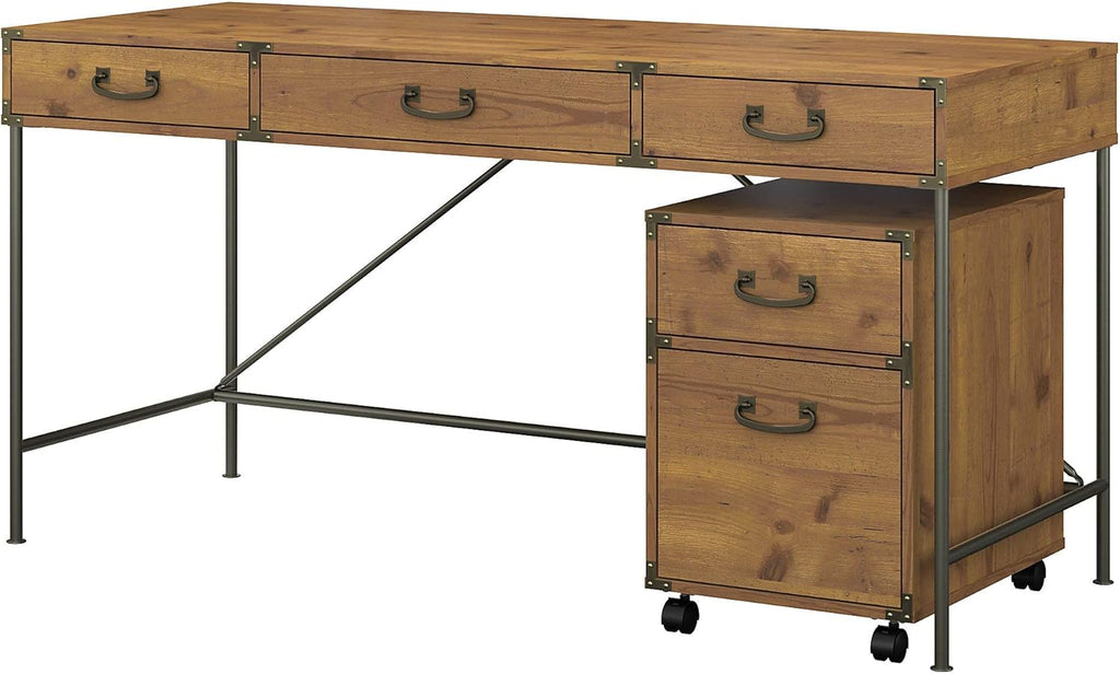 Vintage Golden Pine Writing Desk with 2 Drawer File Cabinet E63667