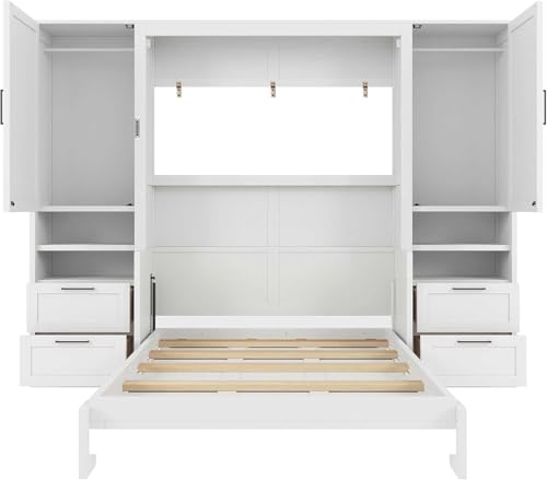 Full White Wood Murphy Bed with Desk and Storage L62664