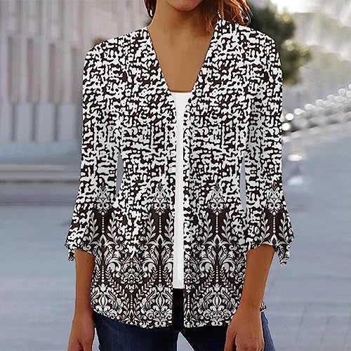 3/4 Sleeve Bell V Neck Graphic T Shirts Button Pleated Tops Floral Blouse O5618