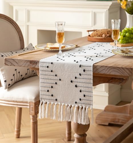 Natural Cotton Woven Table Runner with Tassels, Red and Beige K4414