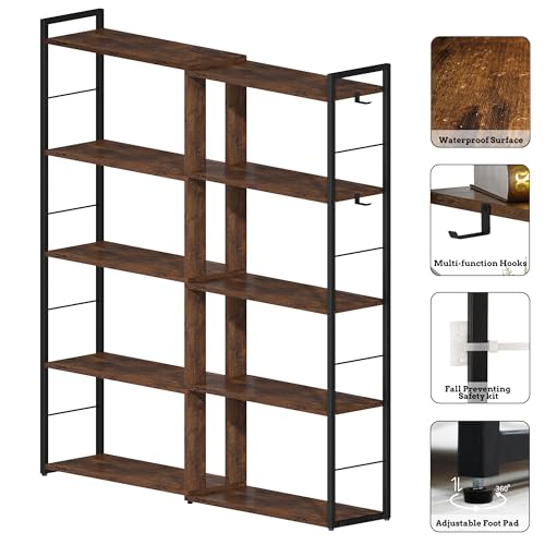 5 Tier Corner Bookshelf with 2 Hooks Adjustable Shelves Rustic Brown Z702979