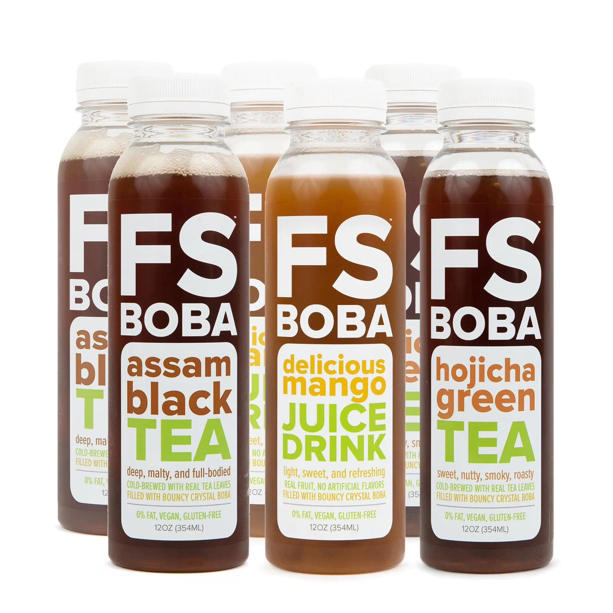 Assam Black, Hojicha Green, Mango Juices with Crystal Boba, 6-Pack of 12oz Bottles N1326