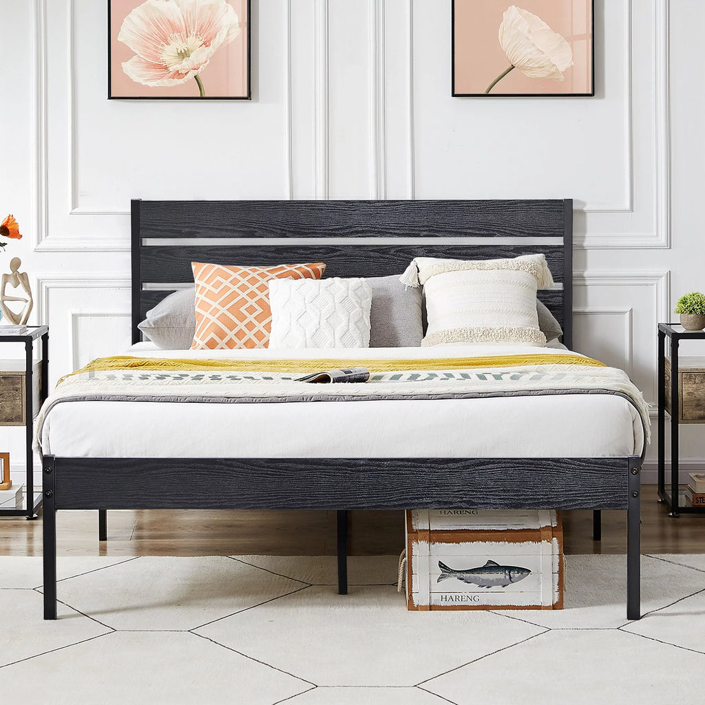Queen Bed Frame with Wooden Headboard and Metal Slats S4278