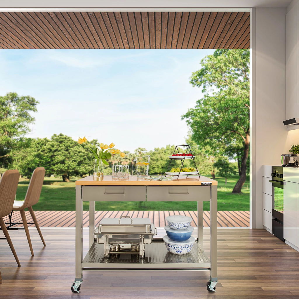 Stainless Steel Kitchen Island with Solid Wood Top G779268