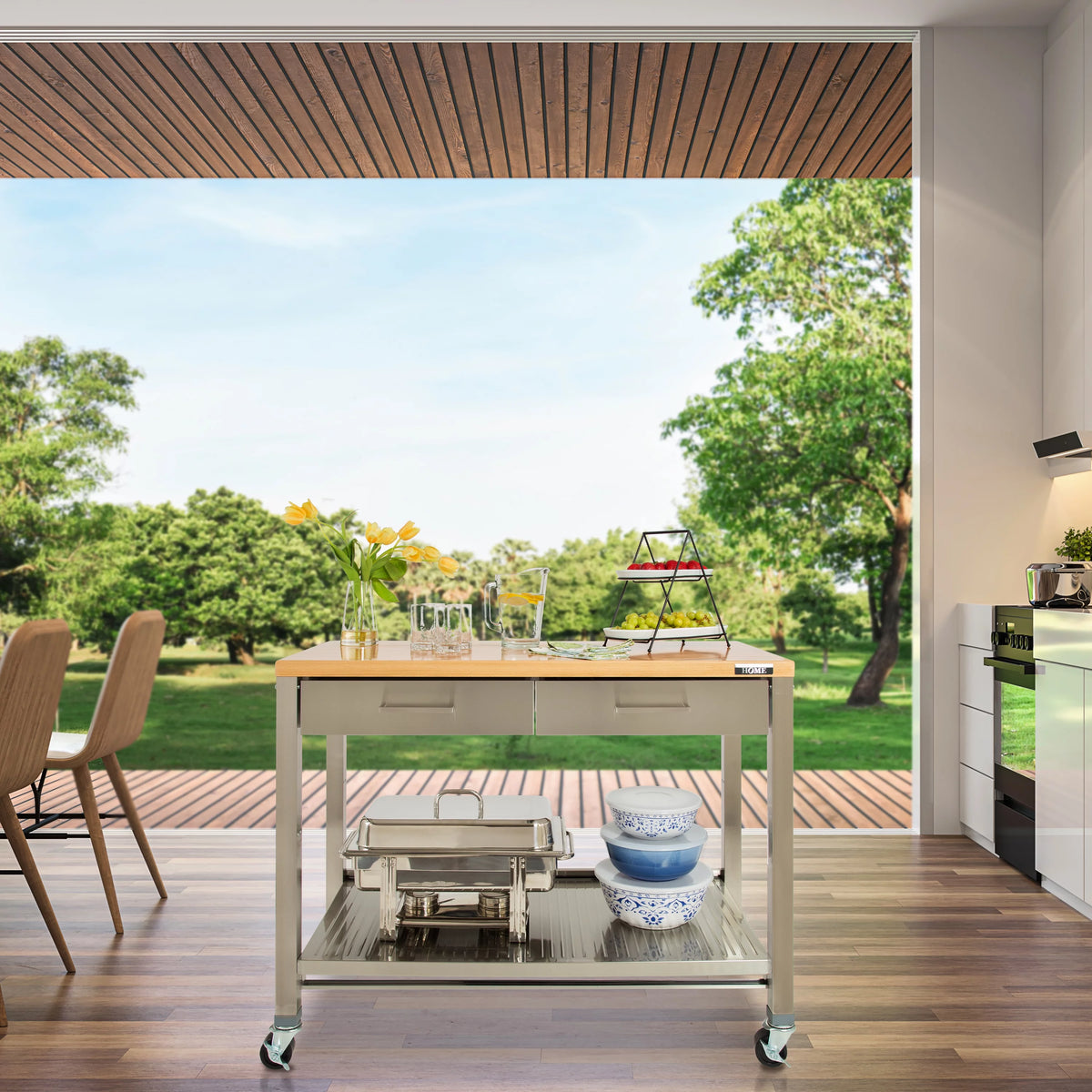 Stainless Steel Kitchen Island with Solid Wood Top G779268