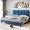 Full Size Blue Upholstered Platform Bed with Tufted Headboard E2017