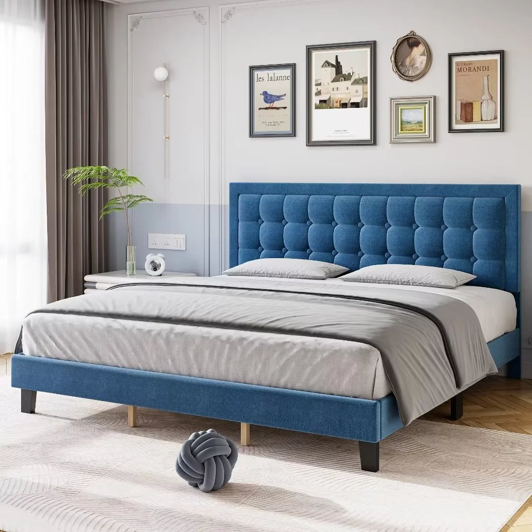 Full Size Blue Upholstered Platform Bed with Tufted Headboard E2017