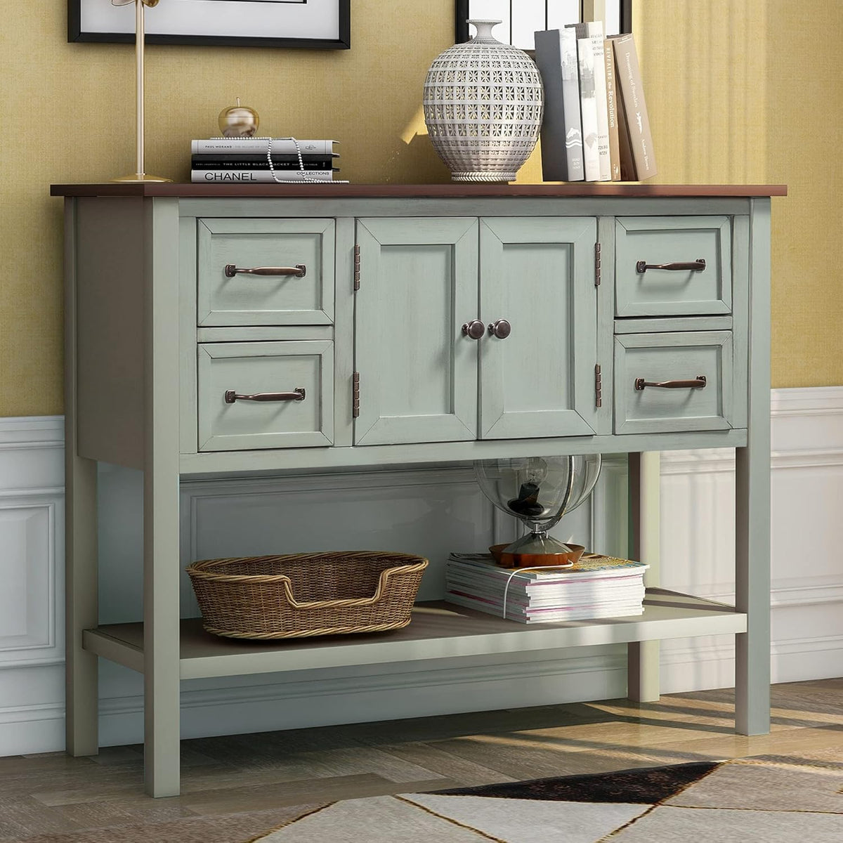 Green Console Table with Storage Drawers and Bottom Shelf F70019