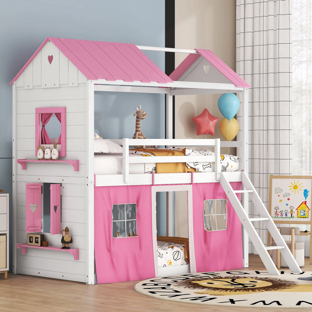 Twin Size Bunk Wood House Bed with Tent I83255