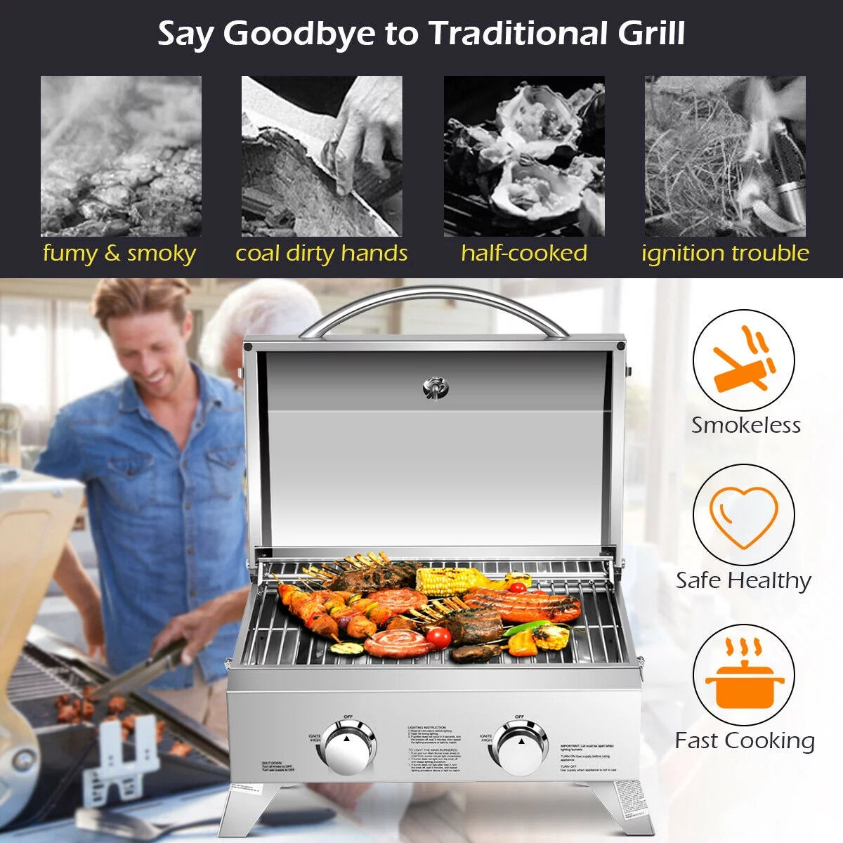 2 Burner Portable Propane Gas Grill Stainless Steel E6072