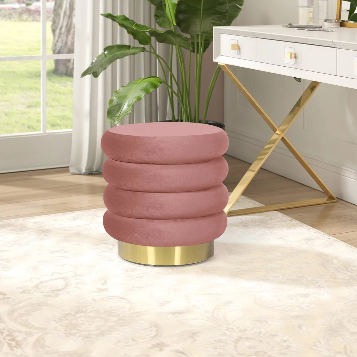 Pink Velvet Round Ottoman Stool M34711