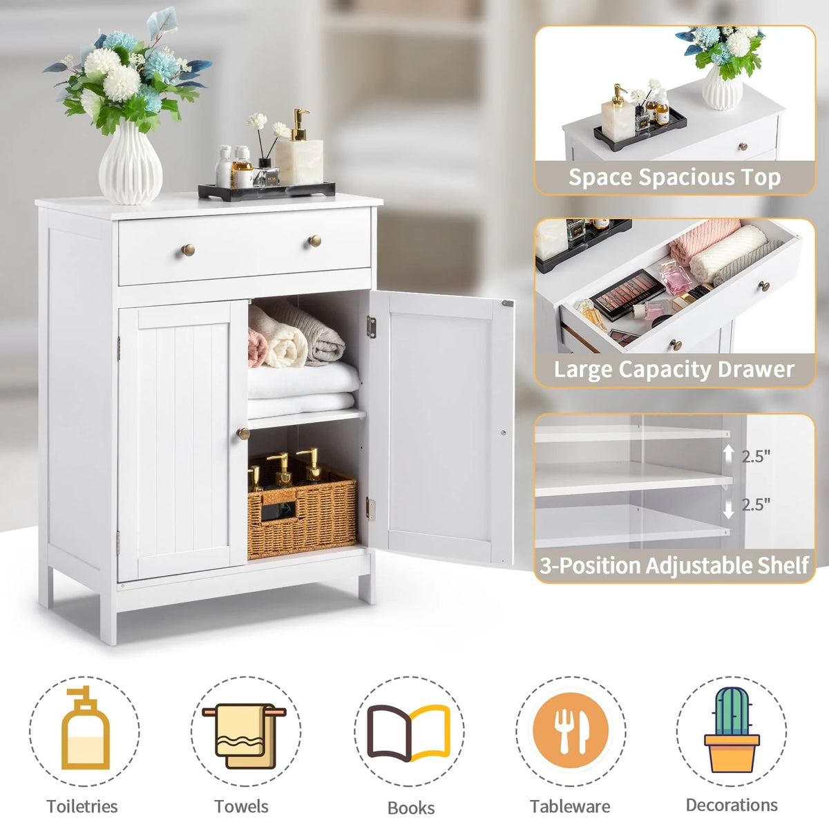 White Wooden 2-Door Bathroom Cabinet with 1 Drawer F964