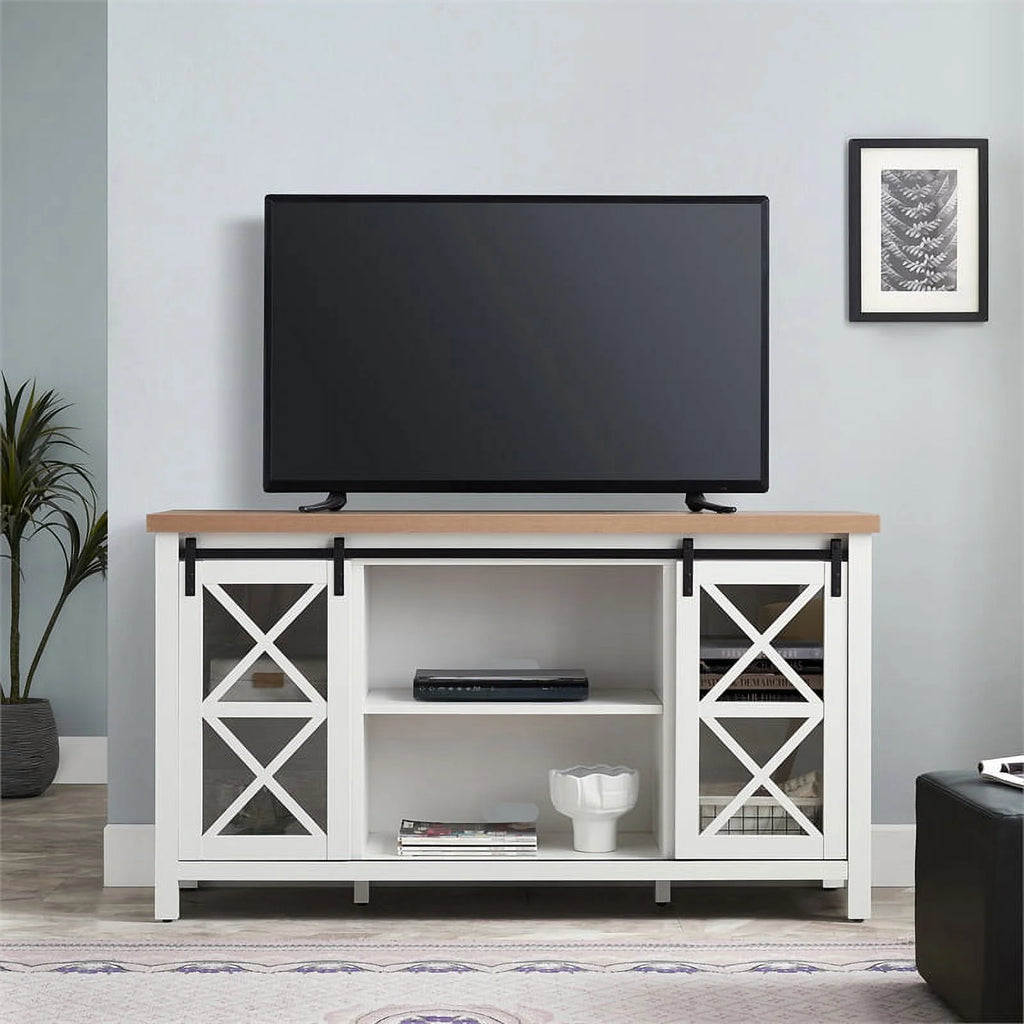 Mid-Century Wood 58" White and Golden Oak TV Stand Y442