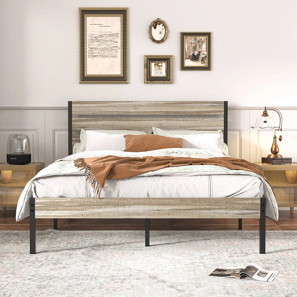 Queen Bed Frame with Wooden Headboard and Metal Slats S4278