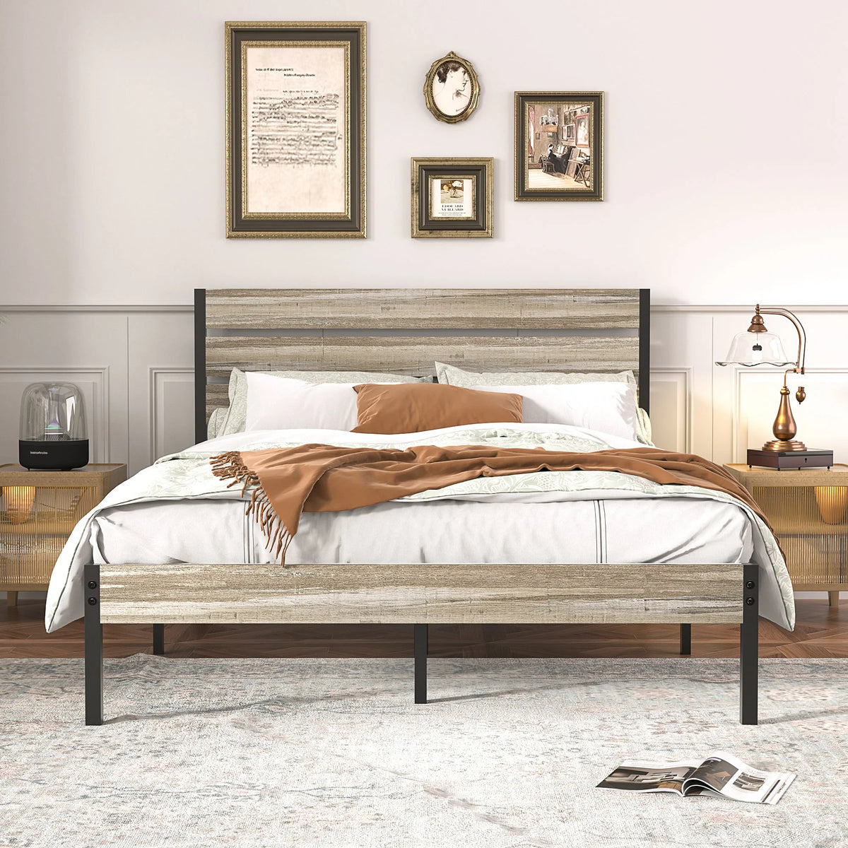 Queen Bed Frame with Wooden Headboard and Metal Slats S4278