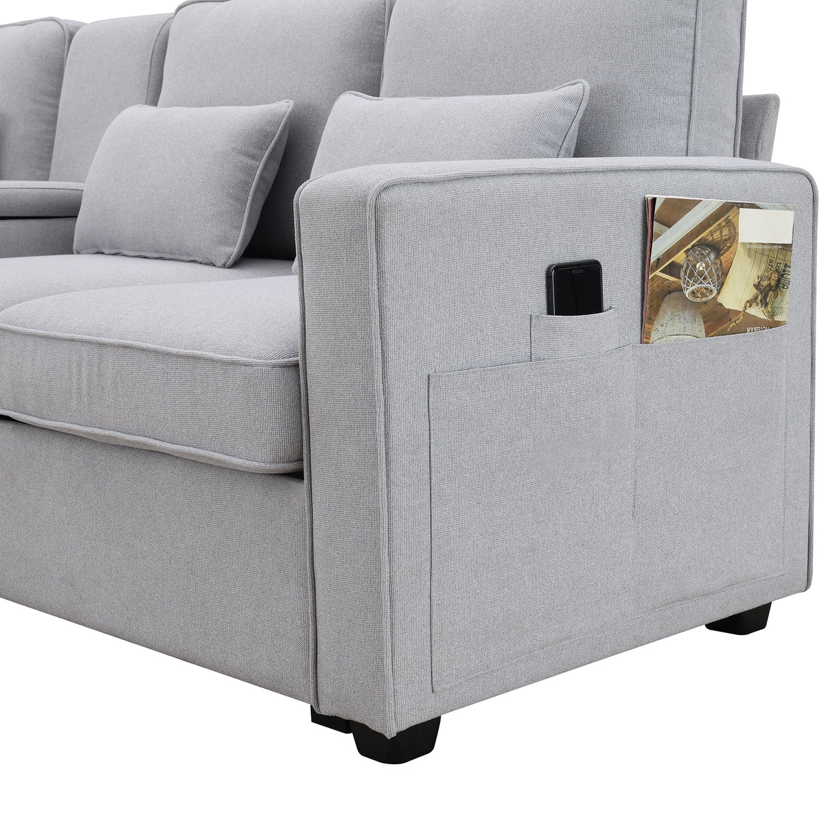 Upholstered Sofa with Console, 2 Cupholders and 2 USB Ports, Linen Fabric, 4-Seat Z1723